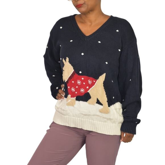 Liz Claiborne Christmas Sweater Blue Vintage Dog Scottie Snow Holiday Festive XL - Picture 14 of 14